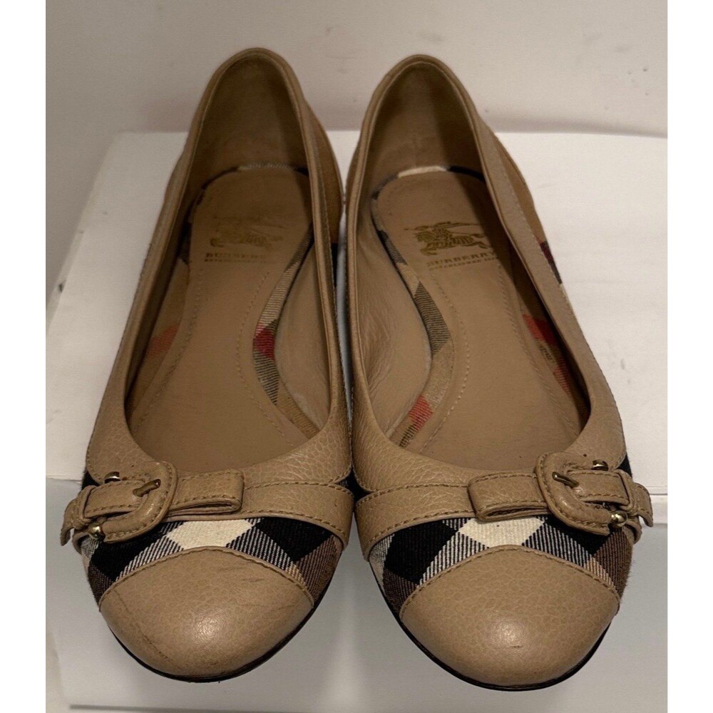 Burberry Beige Check Canvas & Leather Ballet Flats Buckle Round Toe EU 38 US 7.5